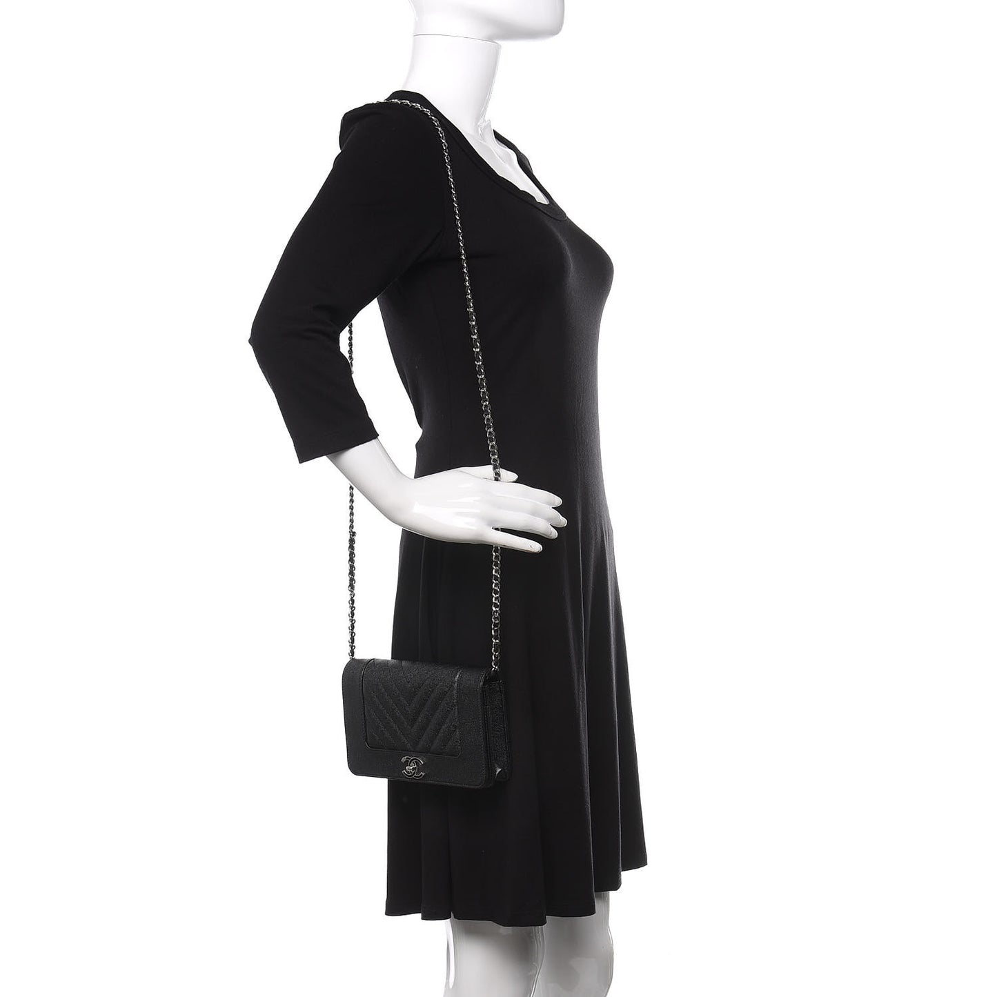Caviar Chevron Quilted Vintage Mademoiselle Wallet On Chain WOC Black