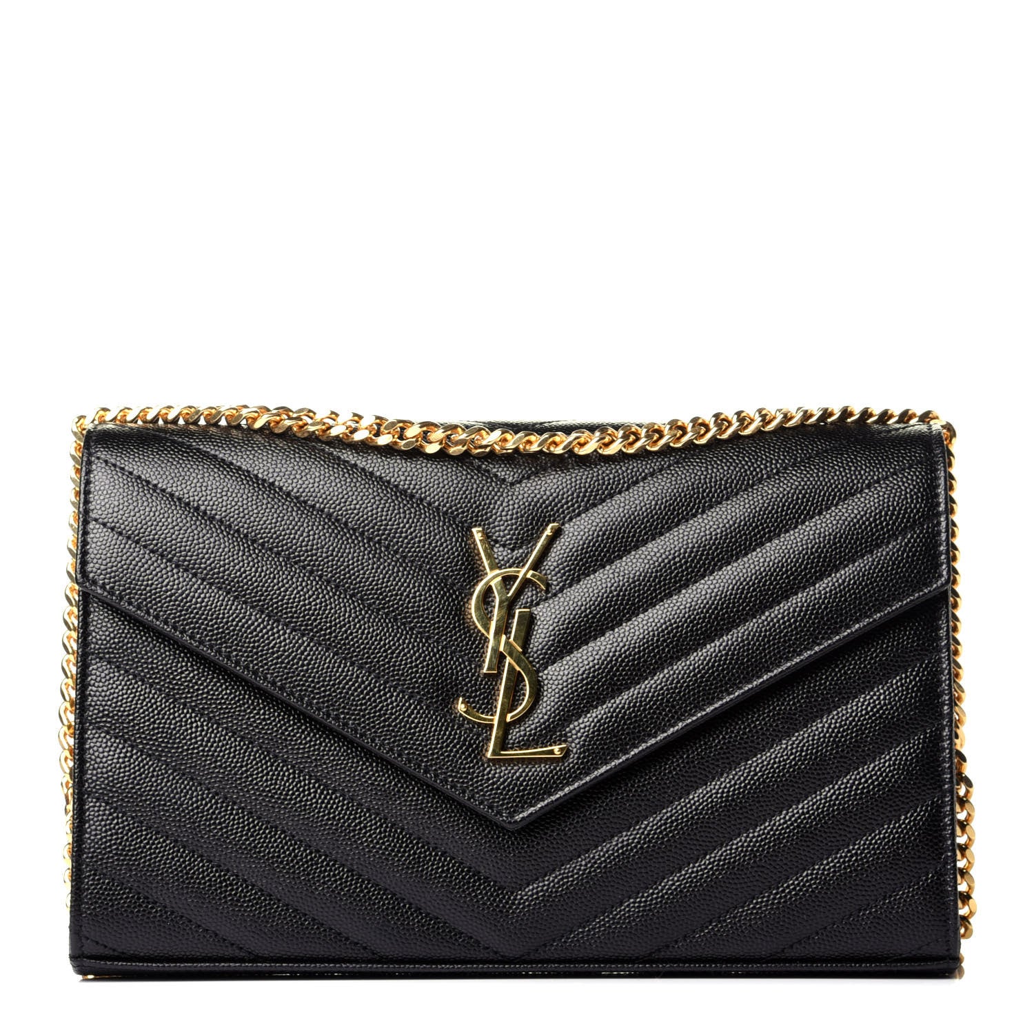 Saint Laurent Grain De Poudre Matelasse Chevron Monogram Chain Wallet Black 1 of 10