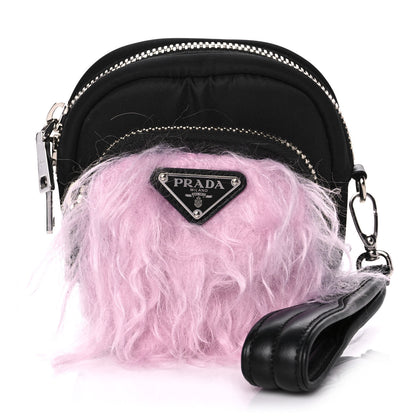 Prada Tessuto Nylon Faux Fur Small Pocket Wristlet Pouch Black Glicine 1 of 12
