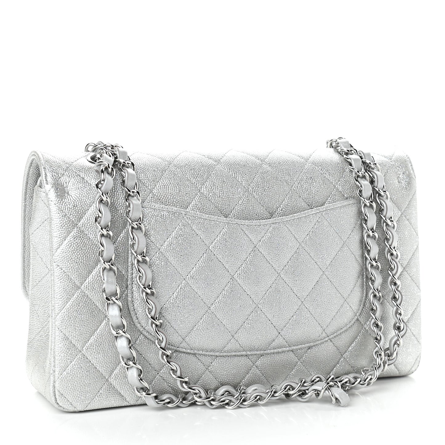 Glittered Metallic Caviar Quilted Medium Double Flap Silver