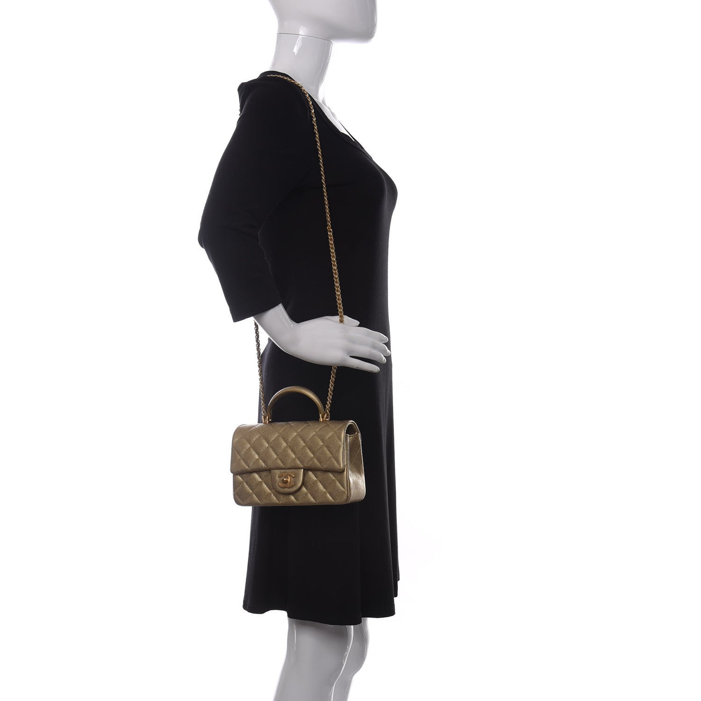 Metallic Caviar Quilted Mini Top Handle Rectangular Flap Gold