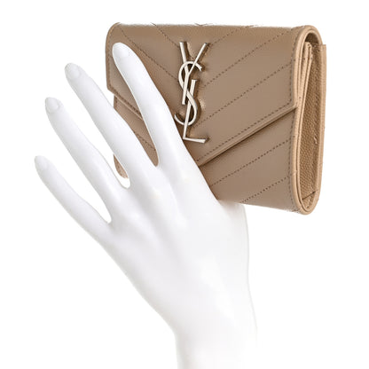 Saint Laurent Grain De Poudre Matelasse Chevron Small Monogram Envelope Wallet Dark Beige 2 of 8