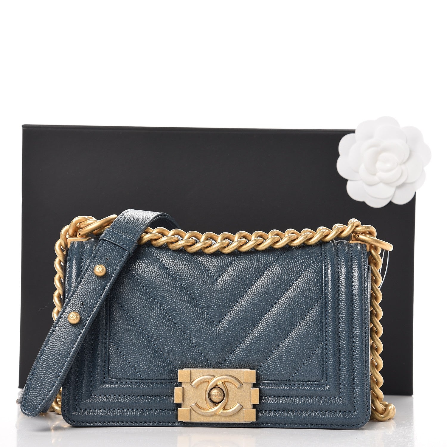 Chanel Caviar Chevron Quilted Small Boy Flap Blue 9 of 9