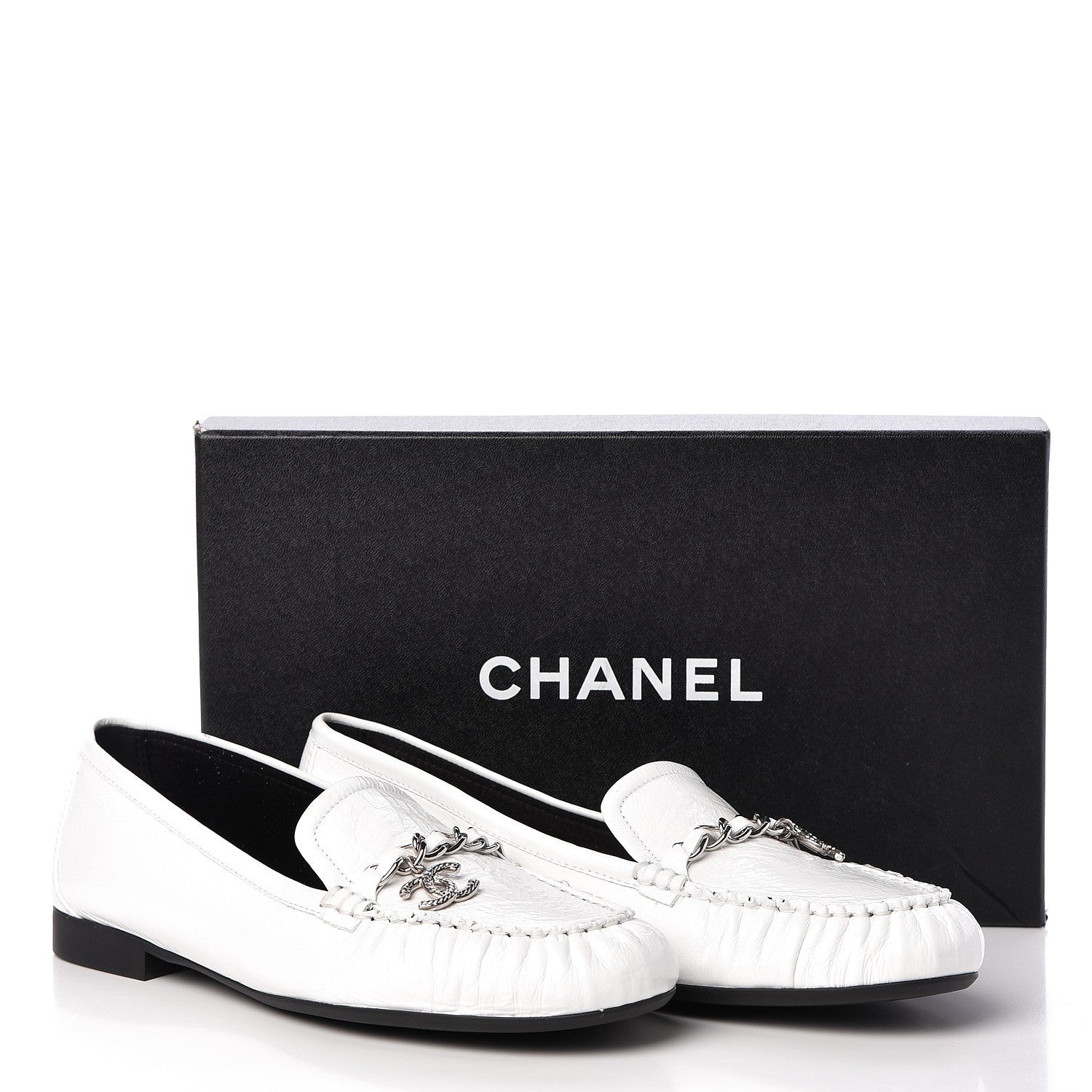 Chanel Crackled Patent Calfskin CC Chain Mocassin Loafers 39.5 White 8 of 8