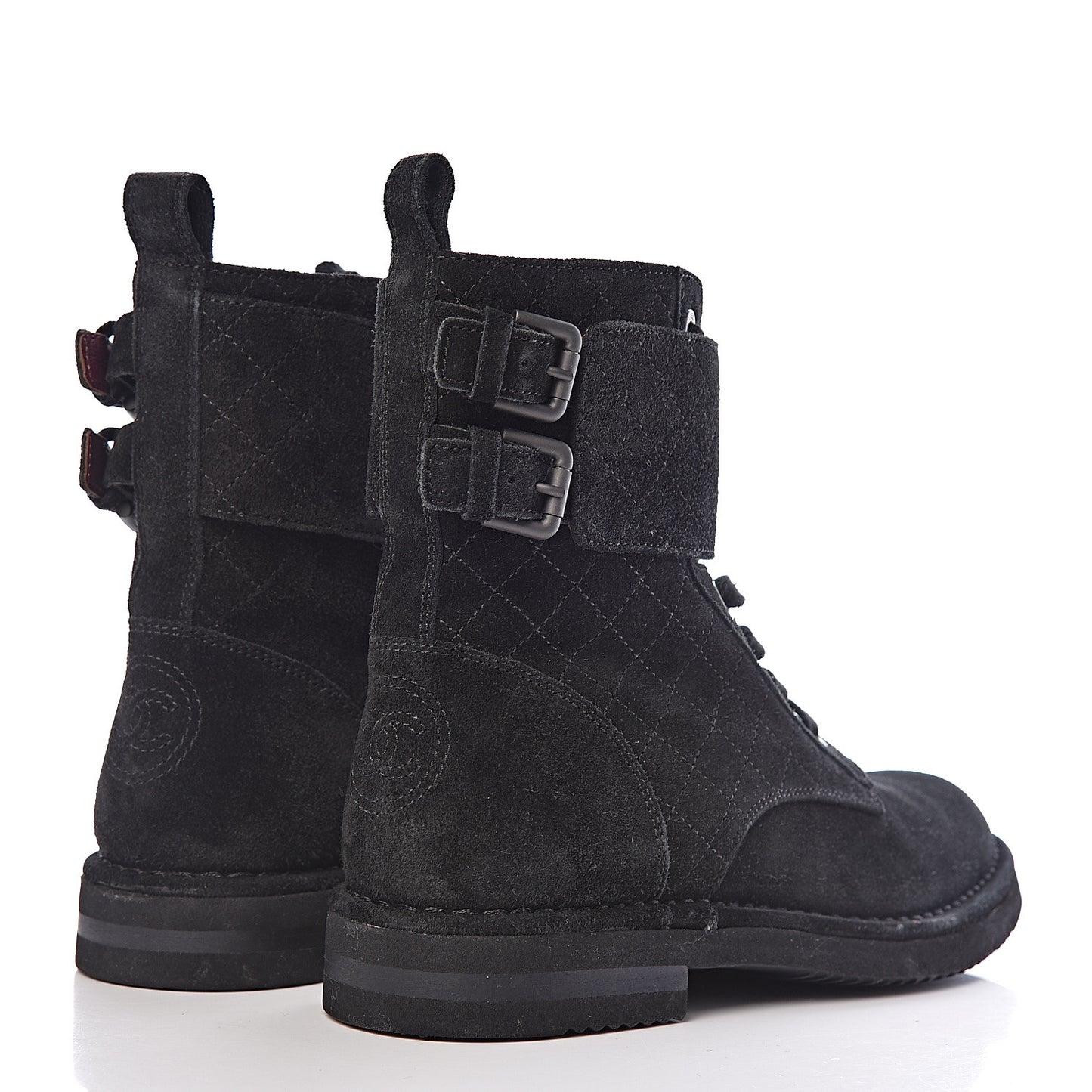 Suede Calfskin Quilted Combat Short Boots 37 Black
