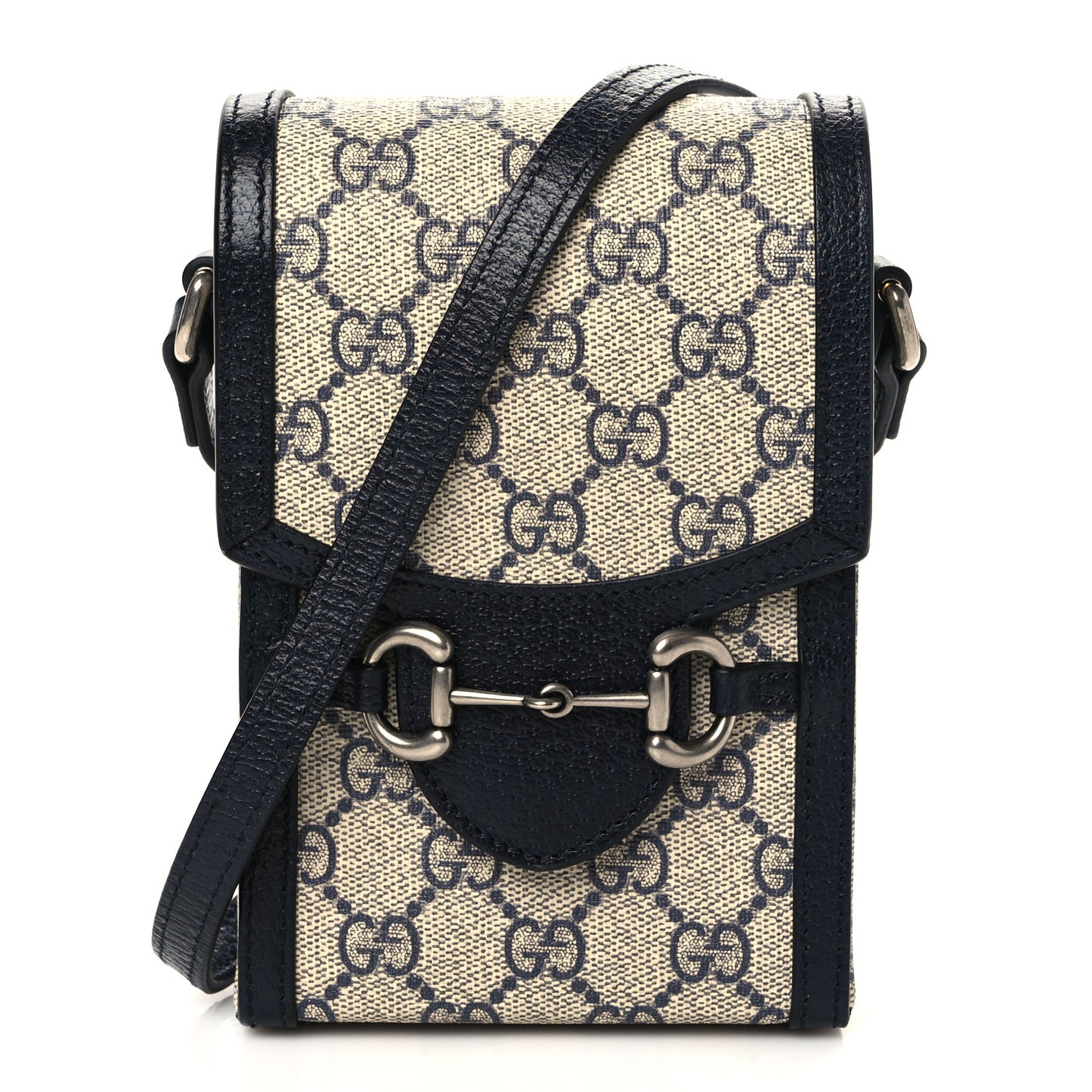 GG Supreme Monogram Textured Dollar Calfskin Mini Horsebit 1955 Crossbody Bag Beige Blue