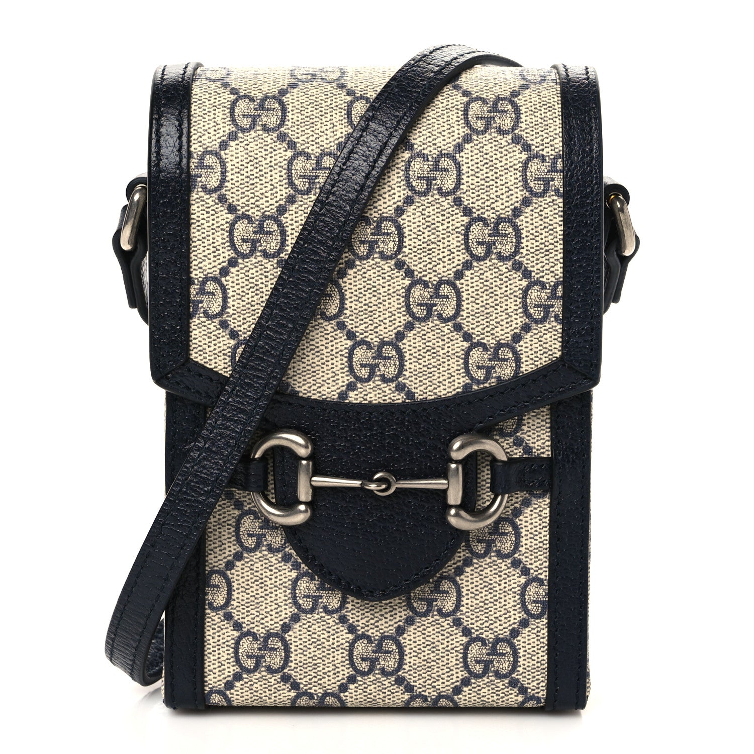 Gucci GG Supreme Monogram Textured Dollar Calfskin Mini Horsebit 1955 Crossbody Bag Beige Blue 1 of 10
