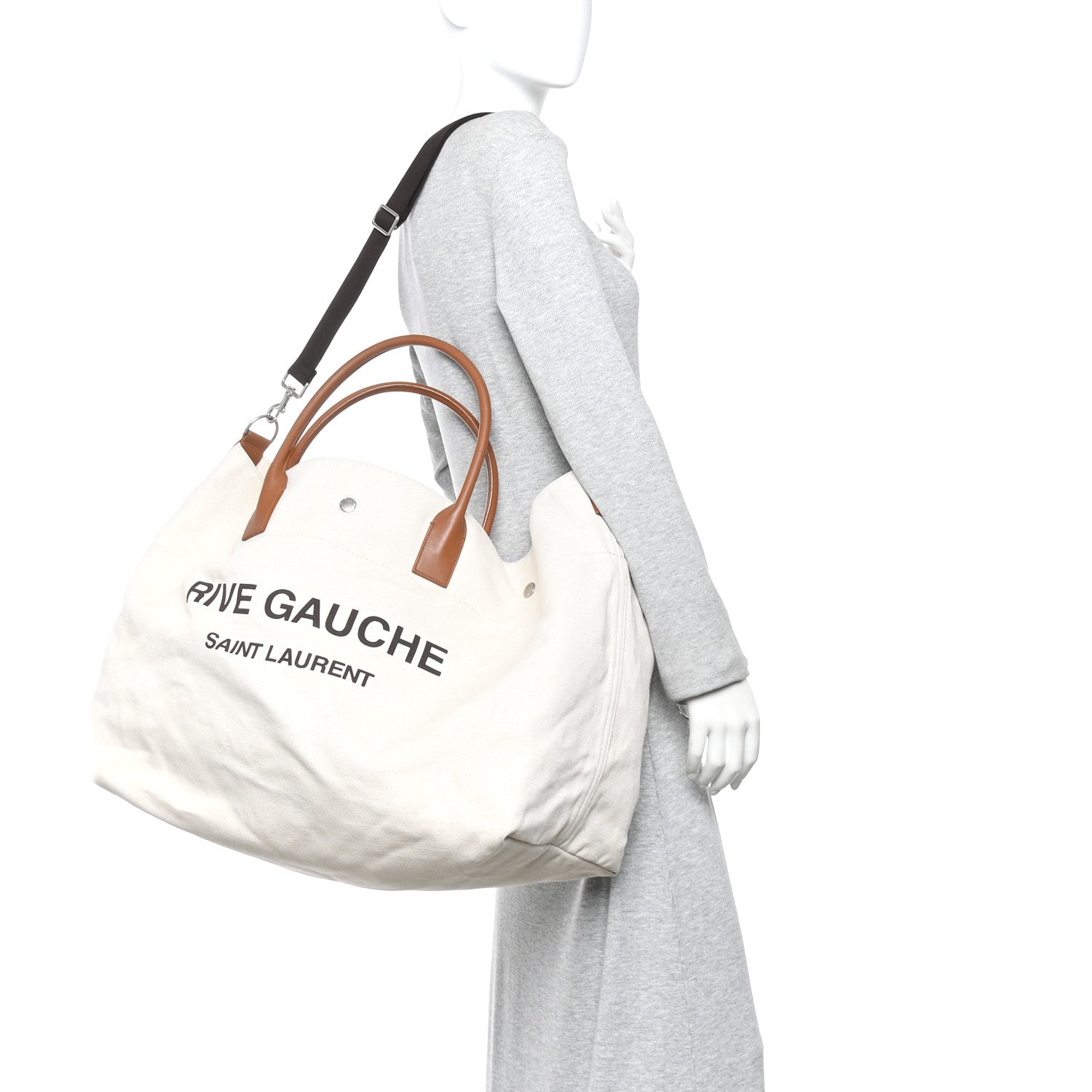 Saint Laurent Linen Calfskin Rive Gauche Maxi Tote Grege et Noir 3 of 19