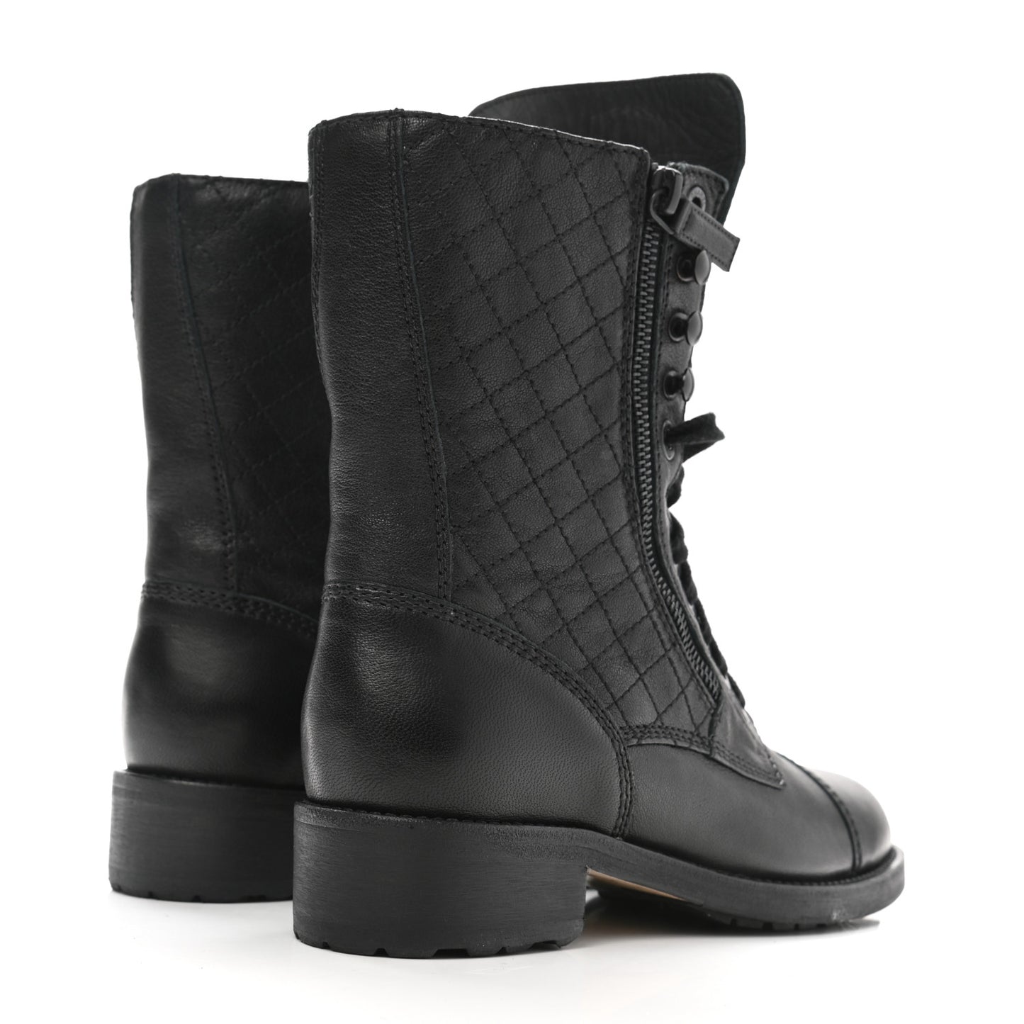 Calfskin Quilted Lace Up Combat Boots 37 Black