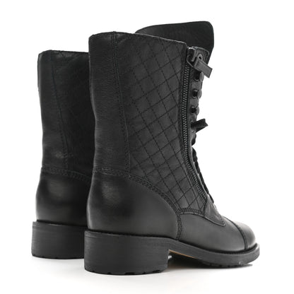 Chanel Calfskin Quilted Lace Up Combat Boots 37 Black 4 of 9