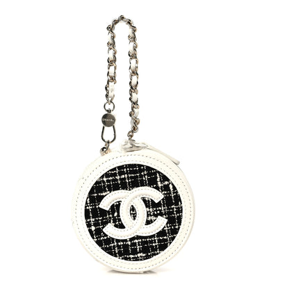Chanel Tweed Quilted Round Filigree Pouch With Chain White Black 1 of 10