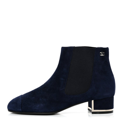 Chanel Suede CC Cap Toe Ankle Boots 35.5 Navy Blue 1 of 8