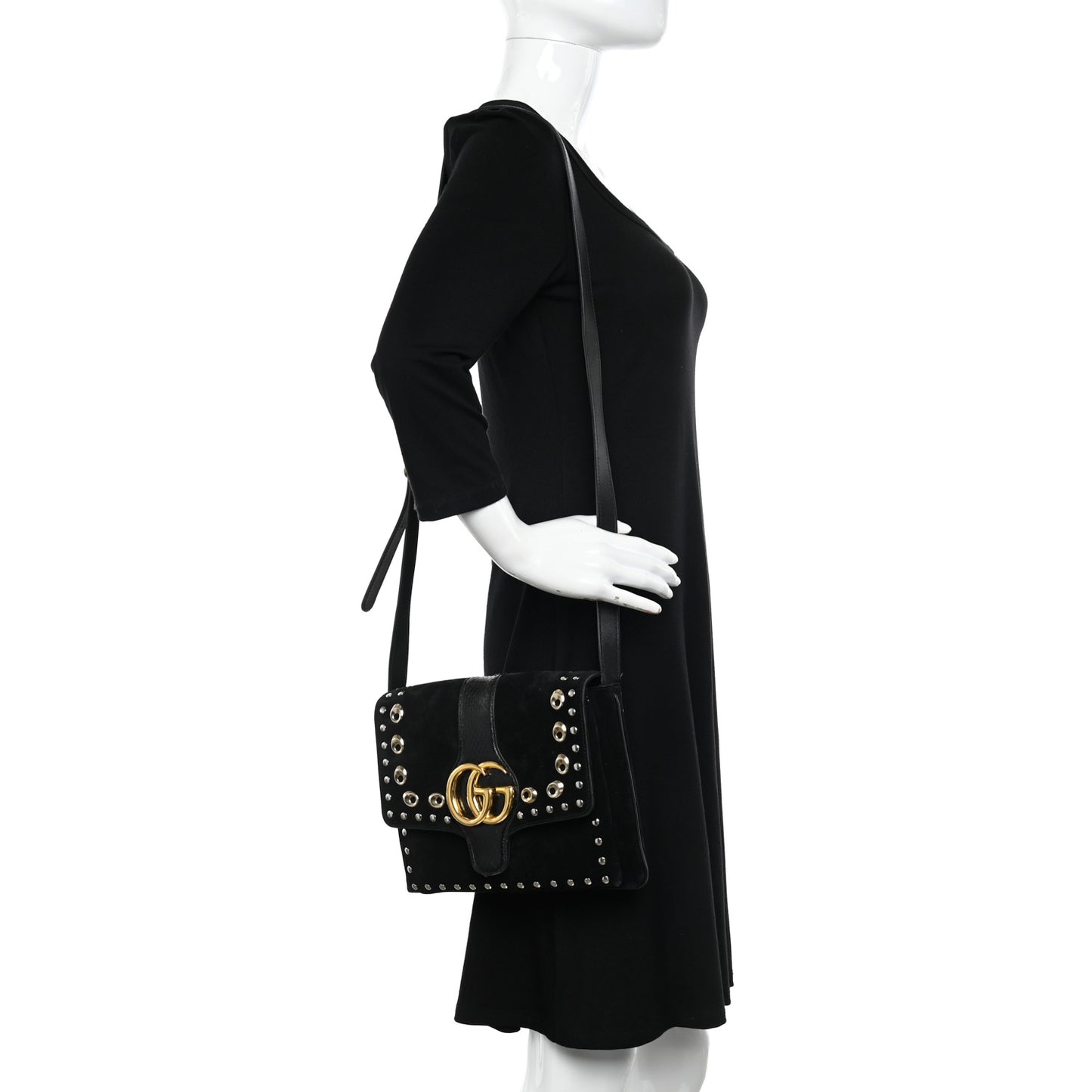 Suede Snakeskin Studded Medium Arli Flap Shoulder Bag Black