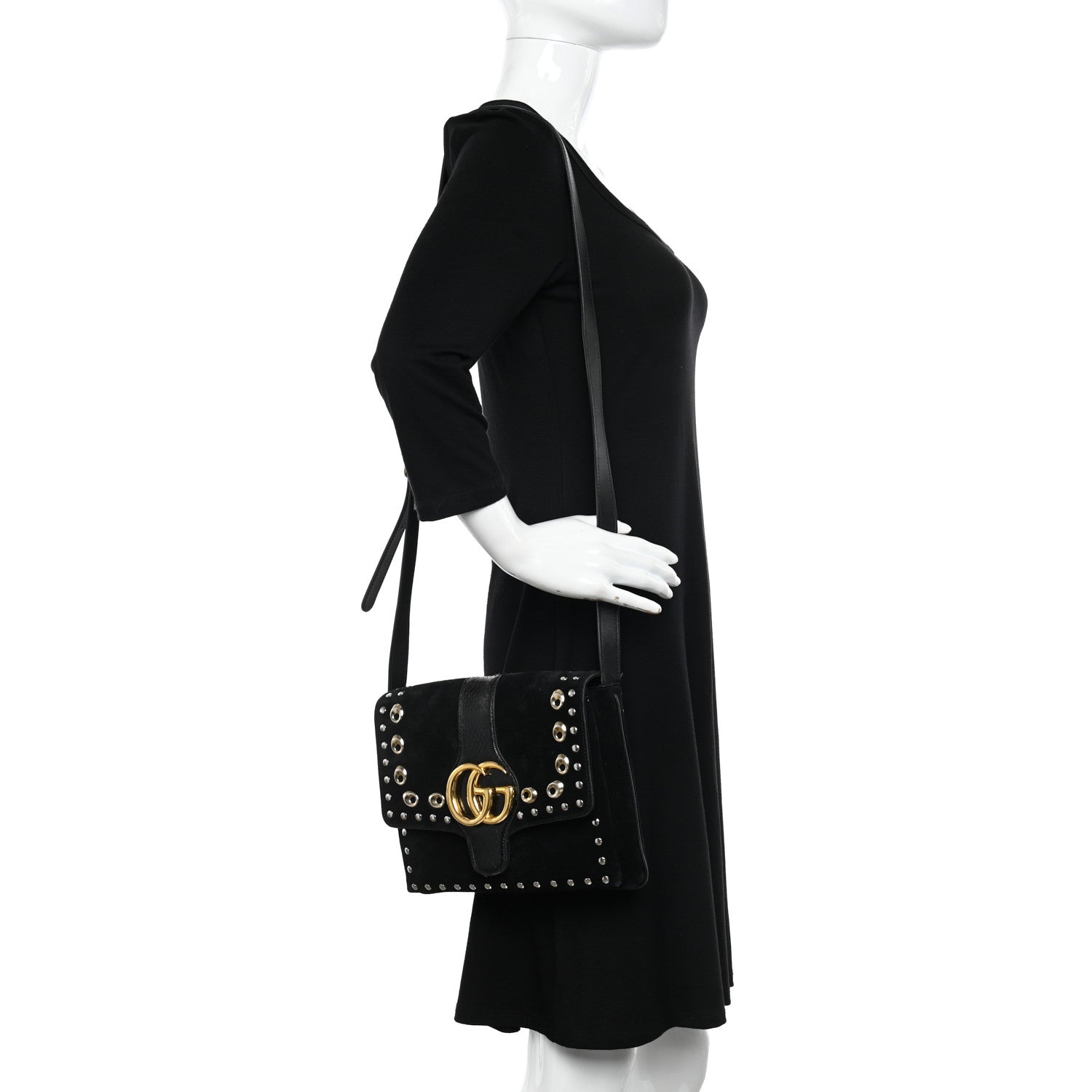 Gucci Suede Snakeskin Studded Medium Arli Flap Shoulder Bag Black 2 of 11