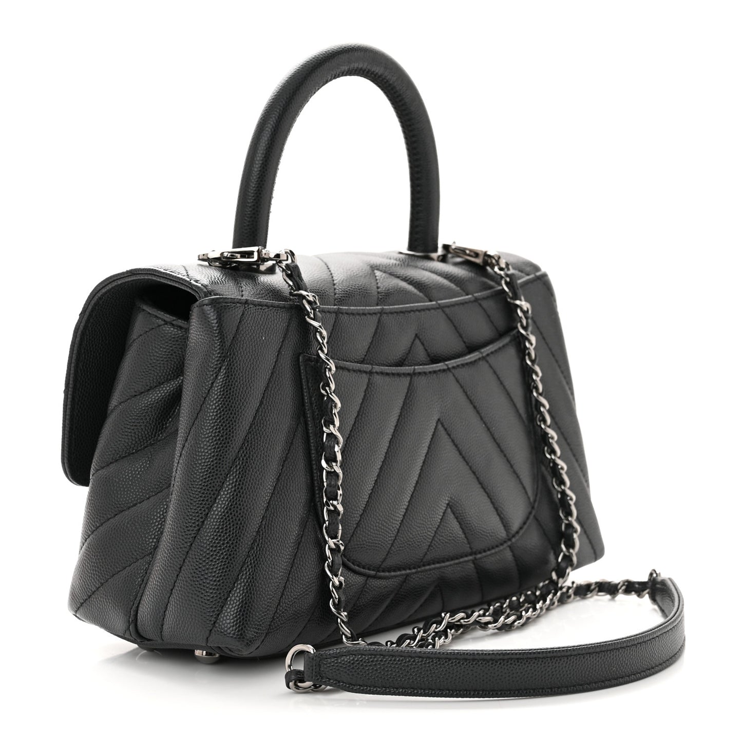 Caviar Chevron Quilted Mini Coco Handle Flap Dark Grey