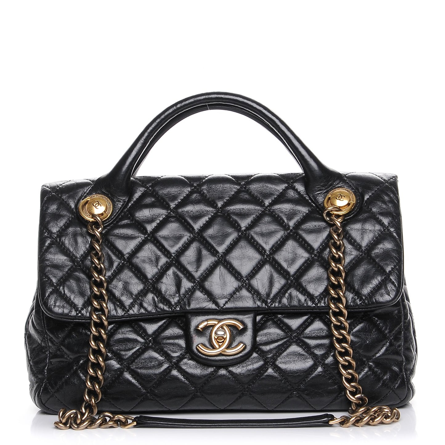 Glazed Calfskin Castle Rock Medium Flap Black