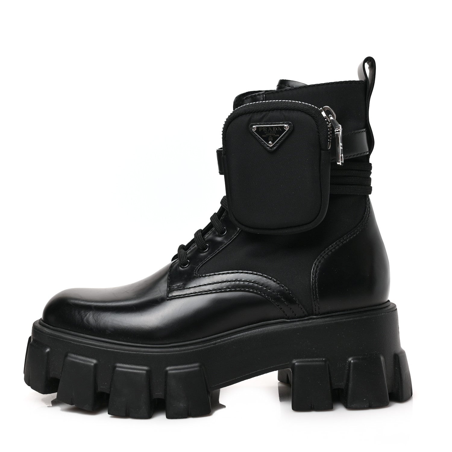 Prada Spazzolato Rois Nylon Metal Triangle Logo Monolith Pouch Pocket 55mm Boots 38 Black 1 of 8