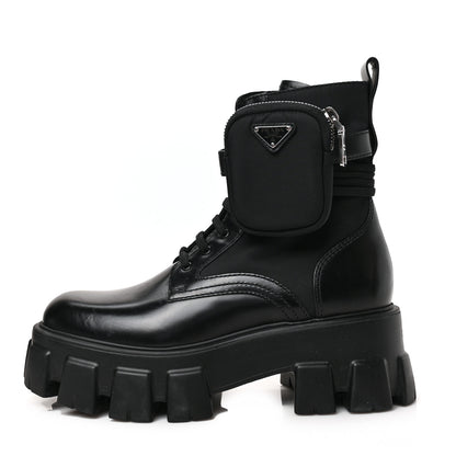 Prada Spazzolato Rois Nylon Metal Triangle Logo Monolith Pouch Pocket 55mm Boots 38 Black 1 of 8