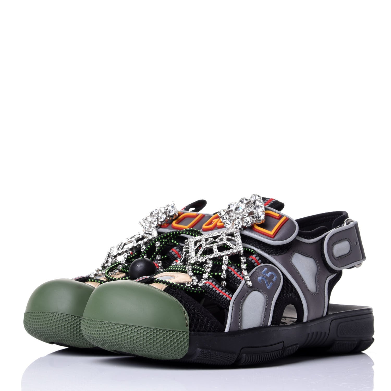 Gucci Mesh Fabric Tinsel Sport Sandals 35.5 Black Silver Green 3 of 10