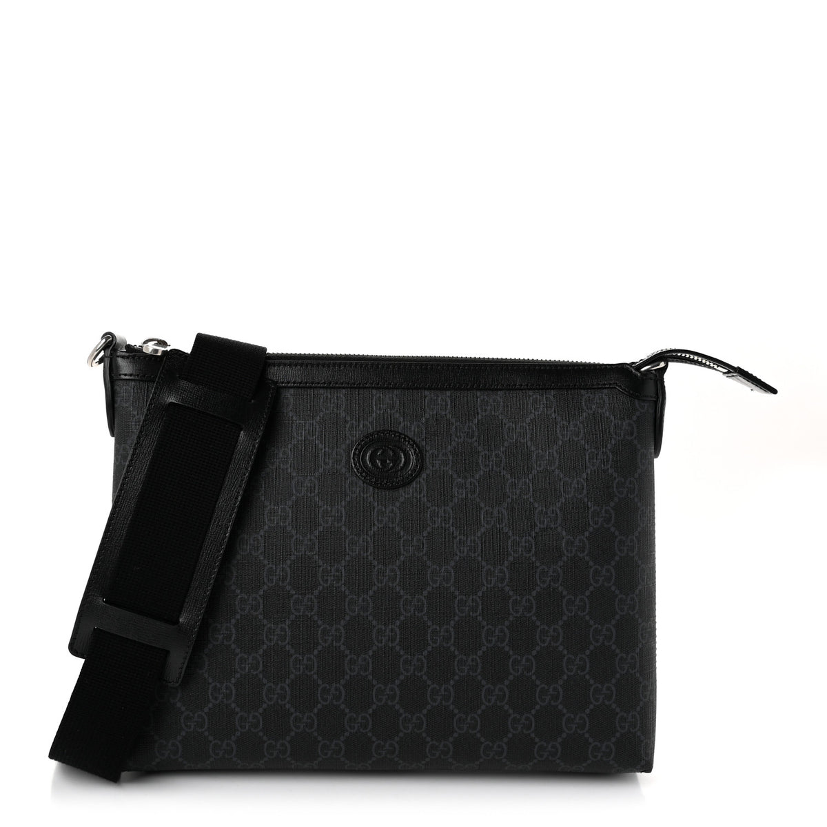 GG Supreme Monogram Azalea Calfskin Retro Interlocking G Wristlet Messenger Bag Black