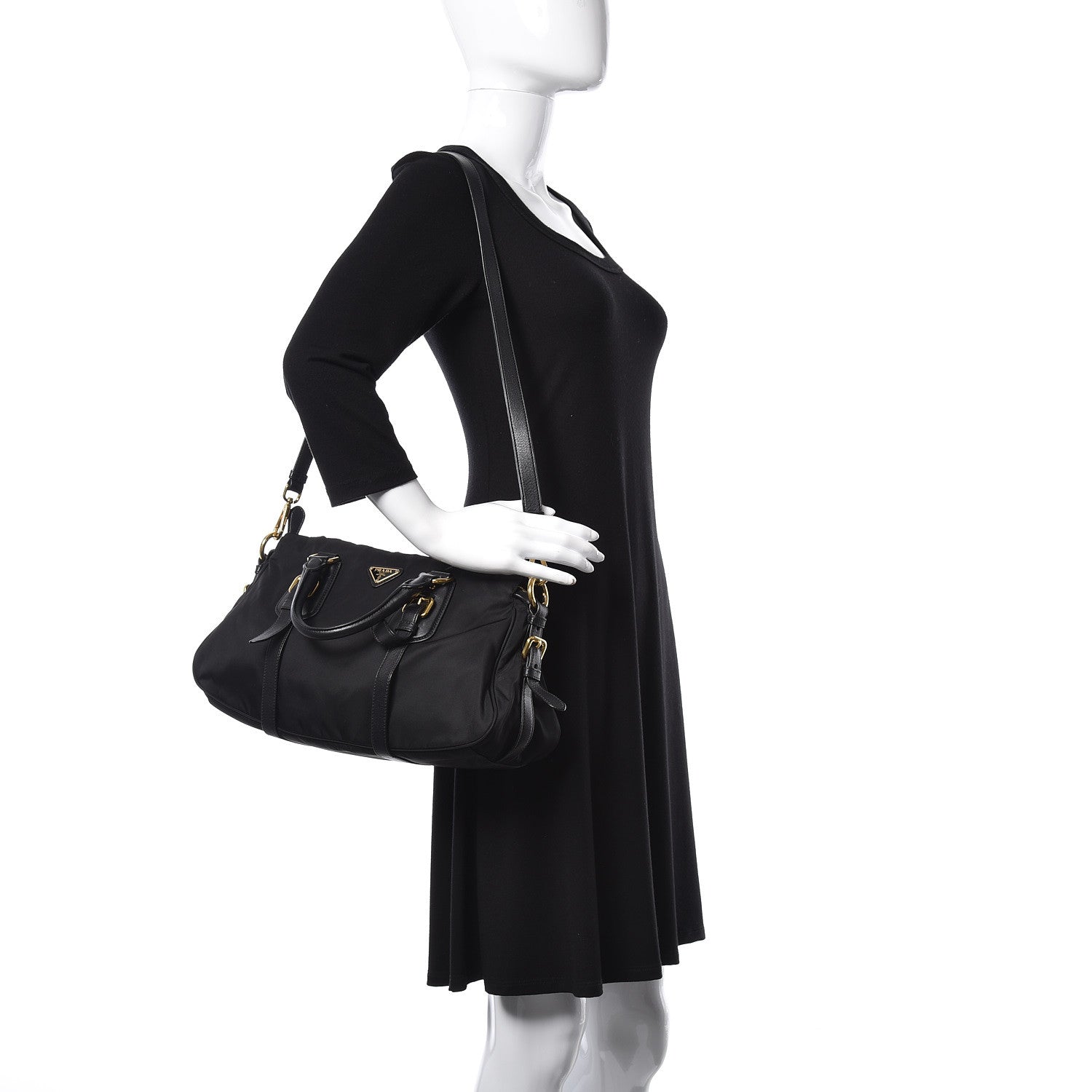 Prada Nylon Tessuto Soft Calfskin Small Shopping Satchel Black 2 of 11