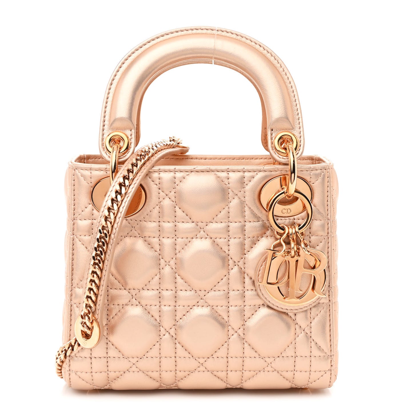 Metallic Lambskin Cannage Mini Lady Dior Gold Rose