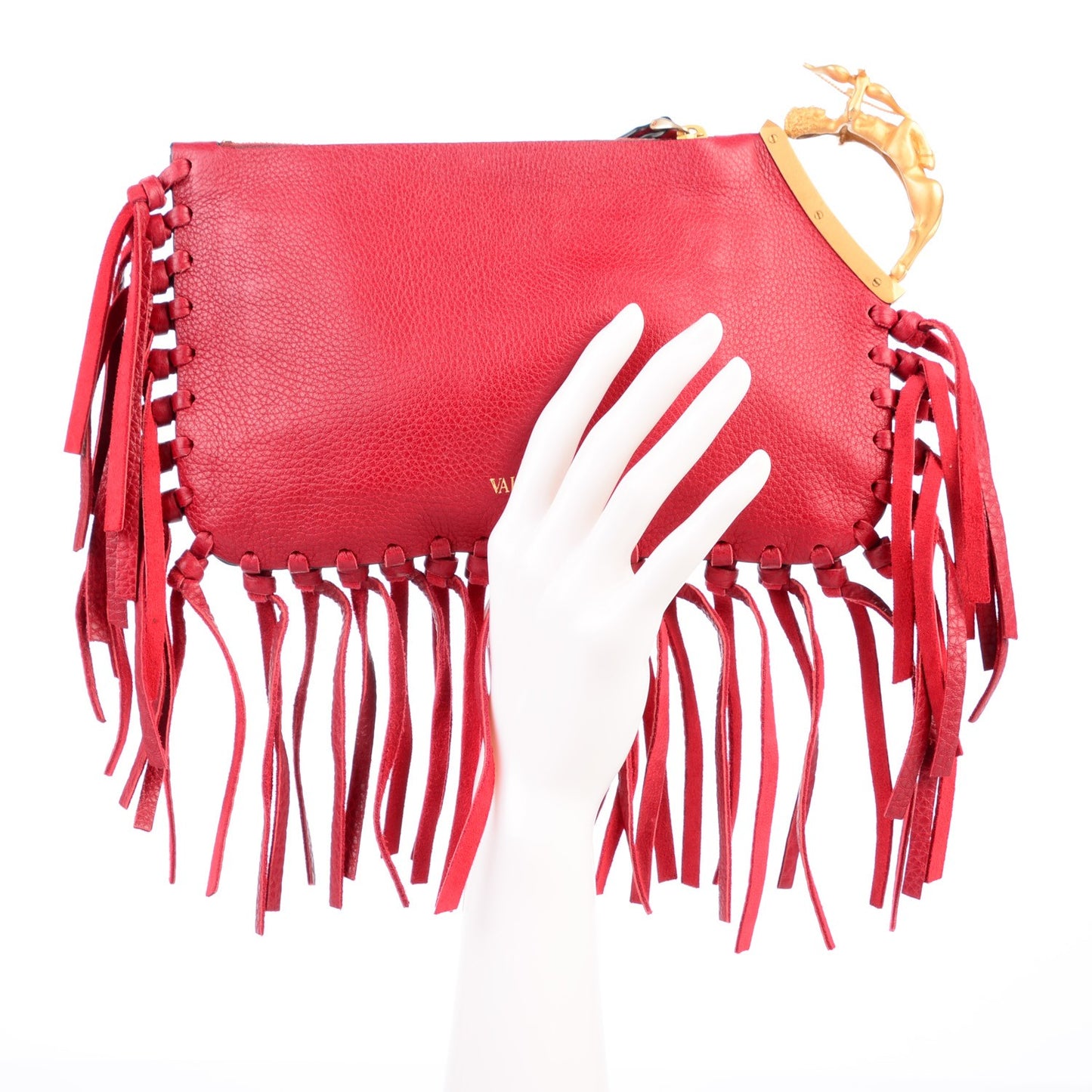 Grained Calfskin C-Rockee Sagittarius Fringe Clutch Scarlet