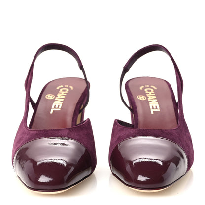 Chanel Suede Patent Cap Toe CC Slingback Pumps 38.5 Burgundy 3 of 10