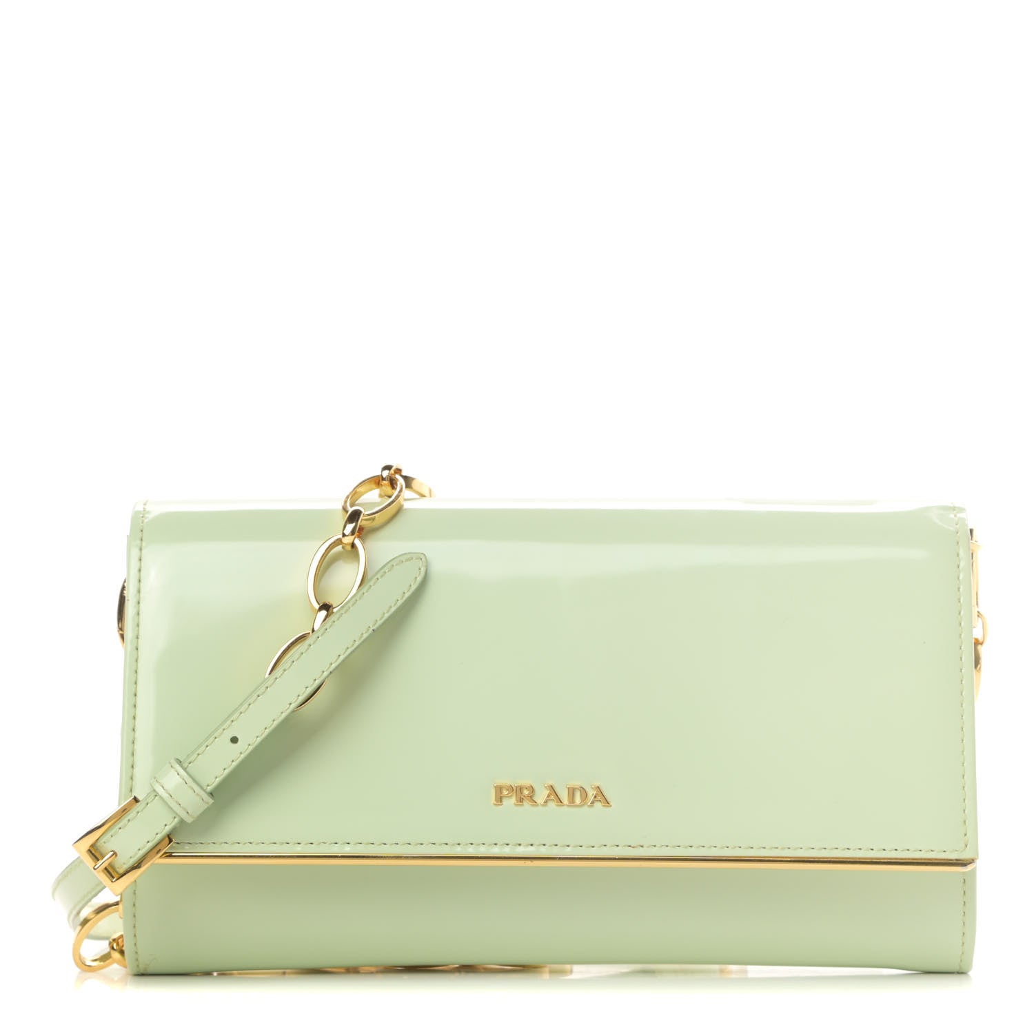 Prada Vernice Metal Bar Chain Wallet Light Green 1 of 16