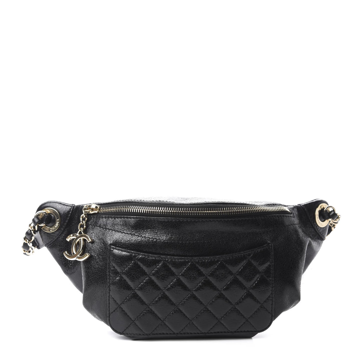Crumpled Glazed Lambskin Quilted Waist Bag Fanny Pack Black