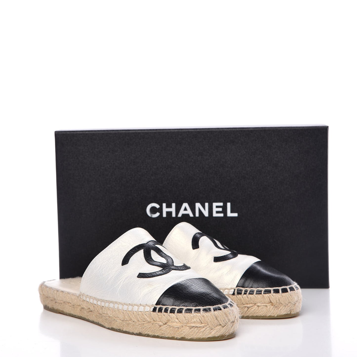 Iridescent Goatskin CC Espadrille Mules 36 Ivory Black