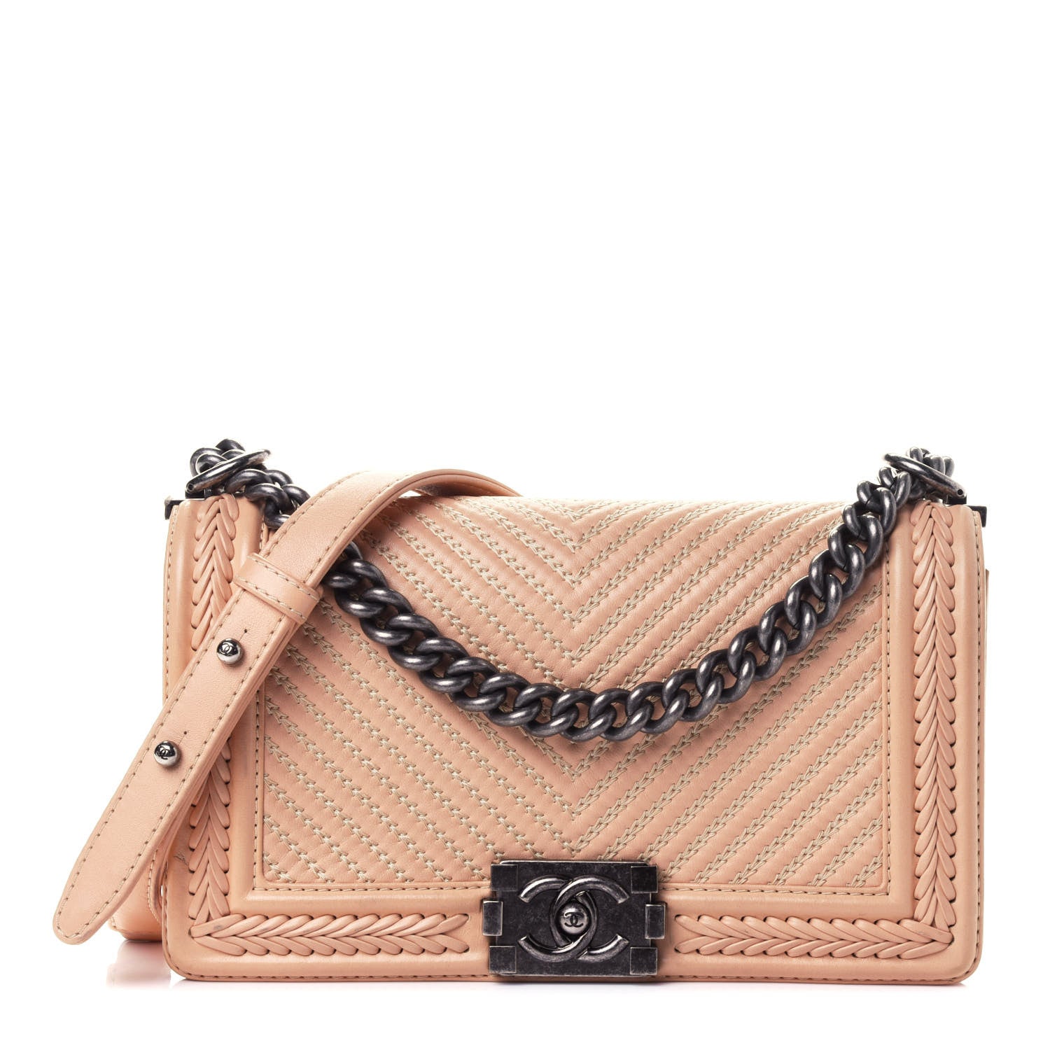Chanel Calfskin Chevron Quilted Medium Braided Boy Flap Beige 1 of 4