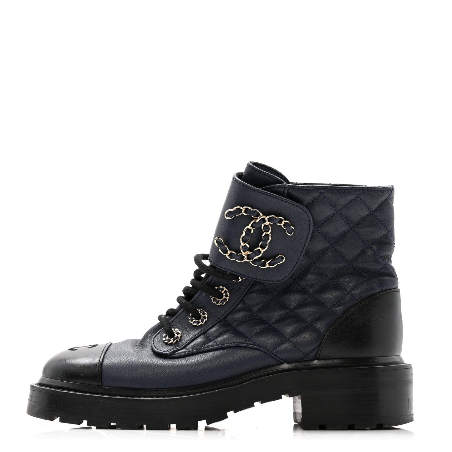 Shiny Lambskin Quilted Lace Up Combat Boots 36.5 Navy Black
