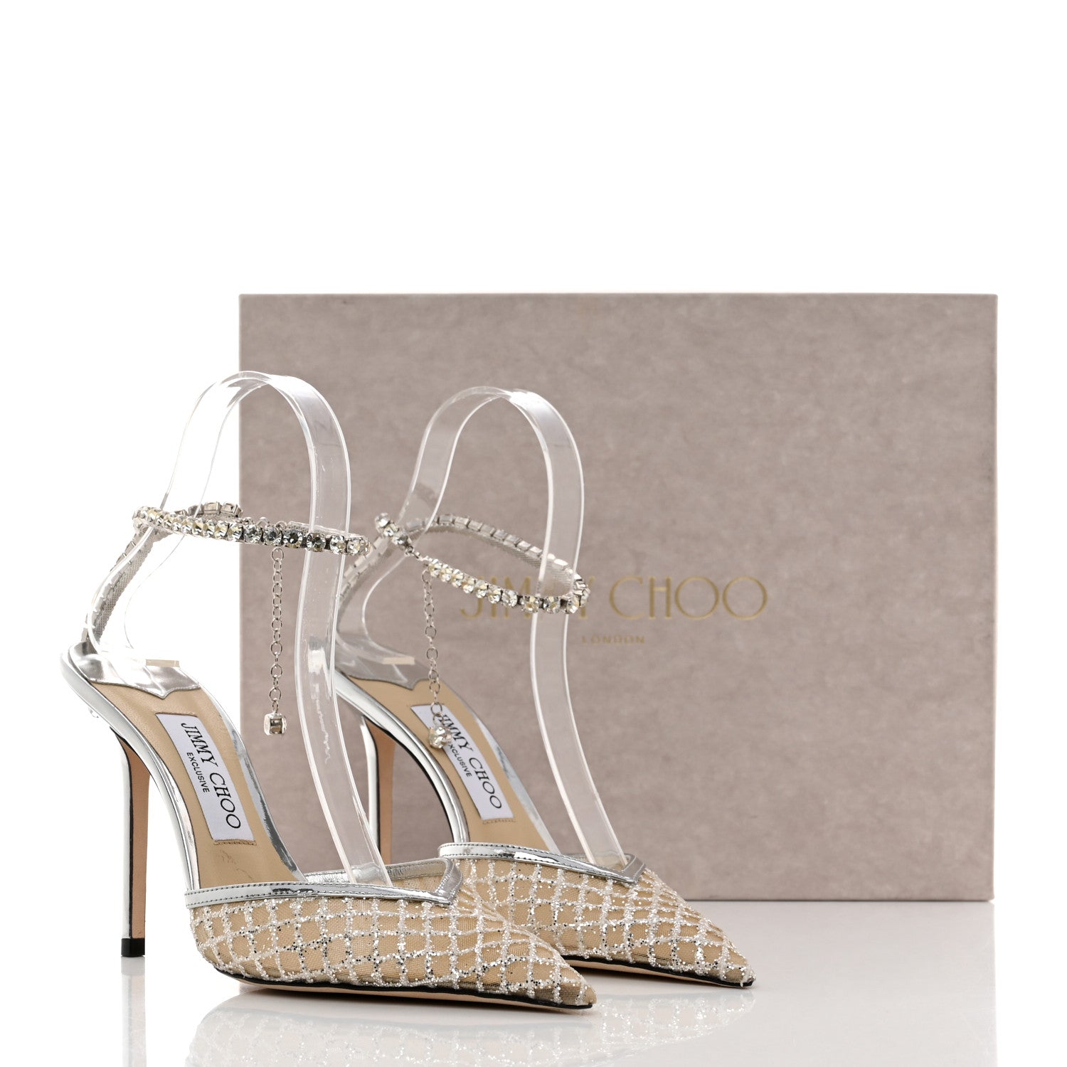 Jimmy Choo Glitter Checker Board Mesh Crystal Saeda 100 Pumps 38 Champagne Silver 8 of 8