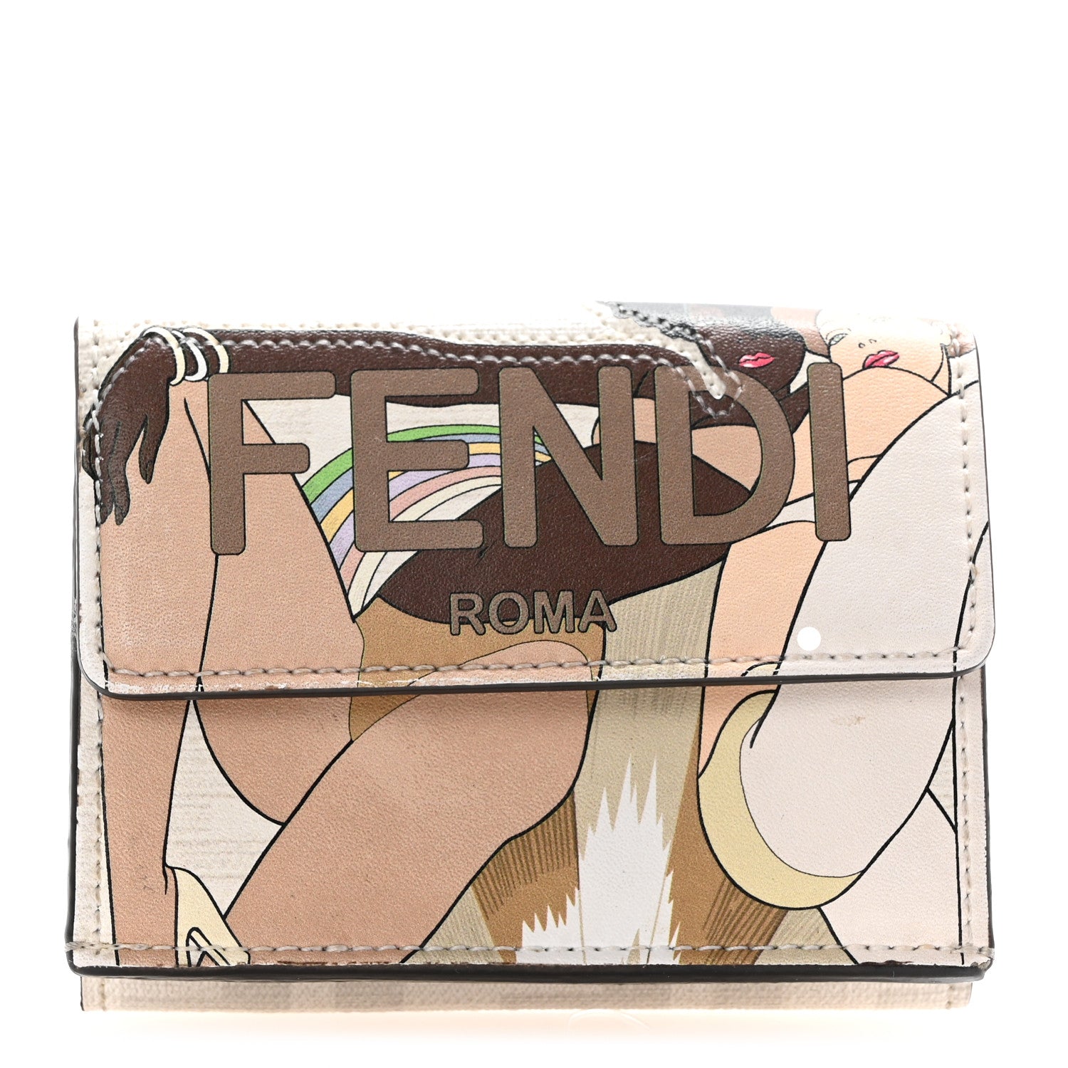 Fendi Glazed Fabric Vitello Liberty FF Logo Bikini Girls Inlay Fold Over Card Holder Wallet Bianco Perla Multicolor 1 of 8