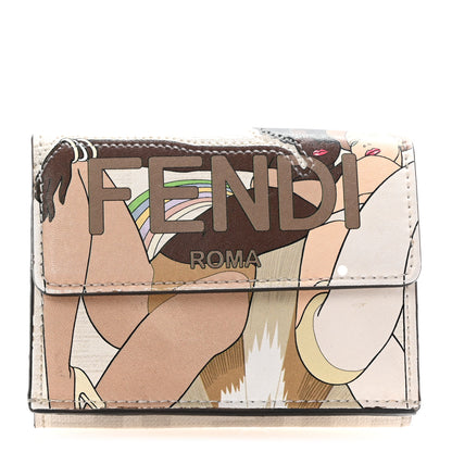 Fendi Glazed Fabric Vitello Liberty FF Logo Bikini Girls Inlay Fold Over Card Holder Wallet Bianco Perla Multicolor 1 of 8
