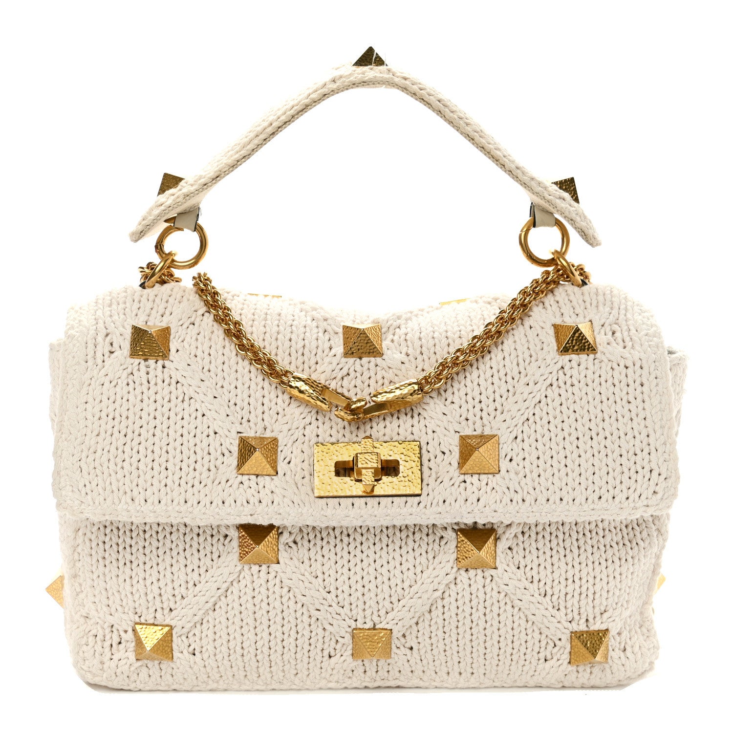 Valentino Garavani Knit Large Roman Stud Shoulder Bag Ecru 1 of 10