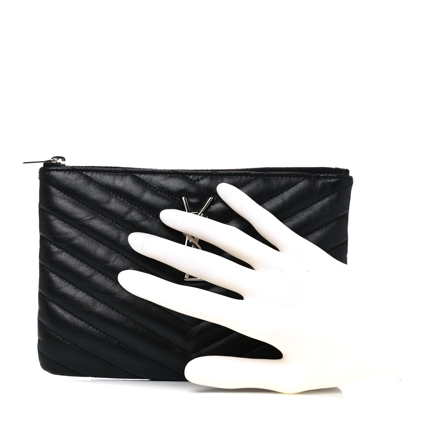 Saint Laurent Calfskin Matelasse Chevron Monogram Pouch Black 2 of 11