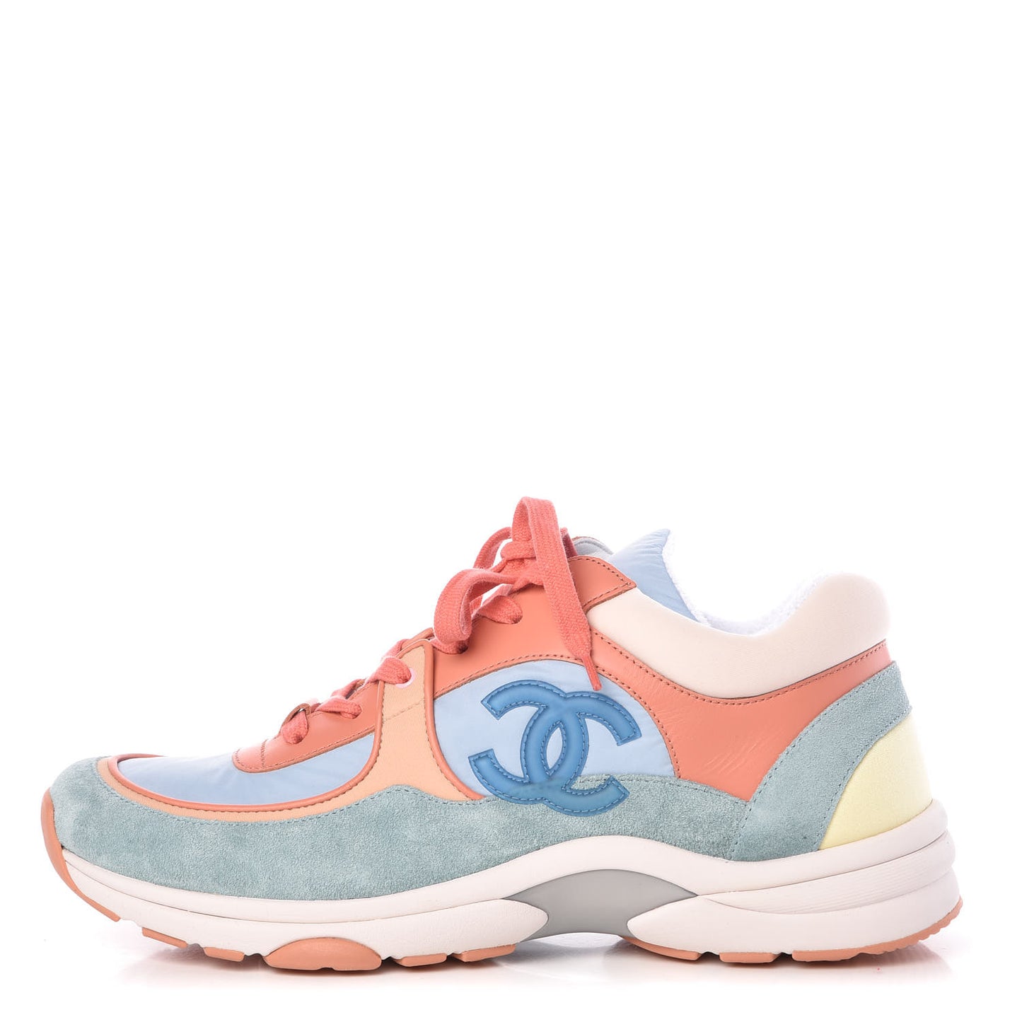 Nylon Lambskin Suede Calfskin CC Sneakers 40 Coral Light Blue White