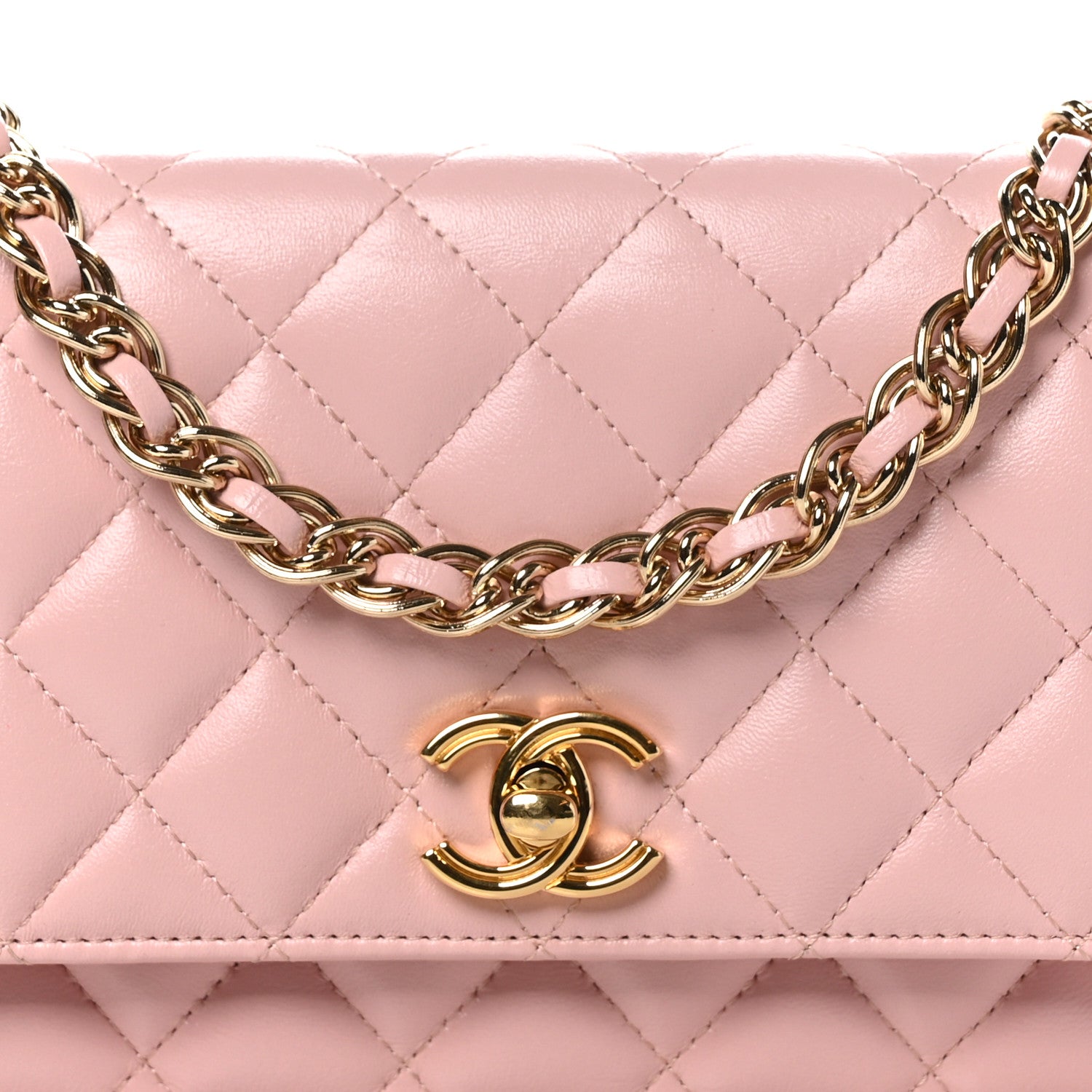 Chanel Shiny Lambskin Quilted Golden Links Wallet On Chain WOC Light Pink 9 of 11