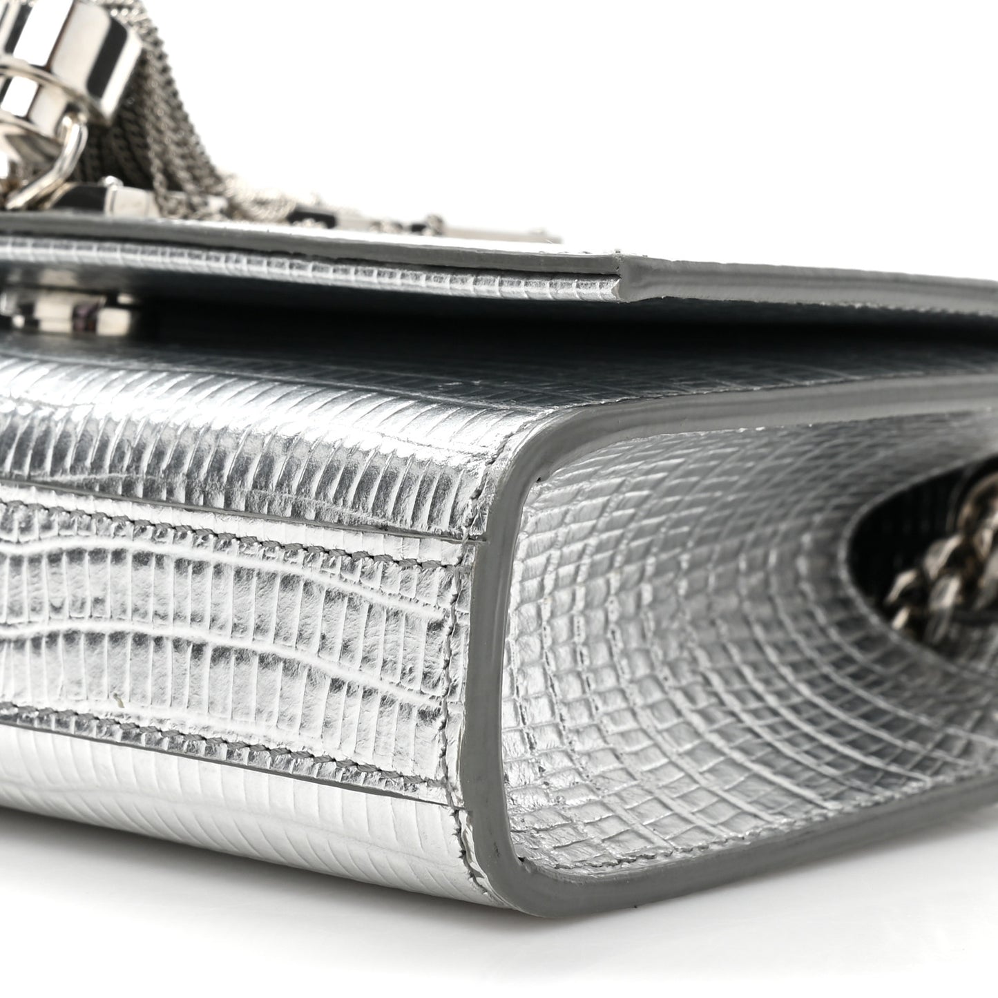 Metallic Calfskin Crocodile Embossed Small Classic Monogram Kate Tassel Satchel Silver