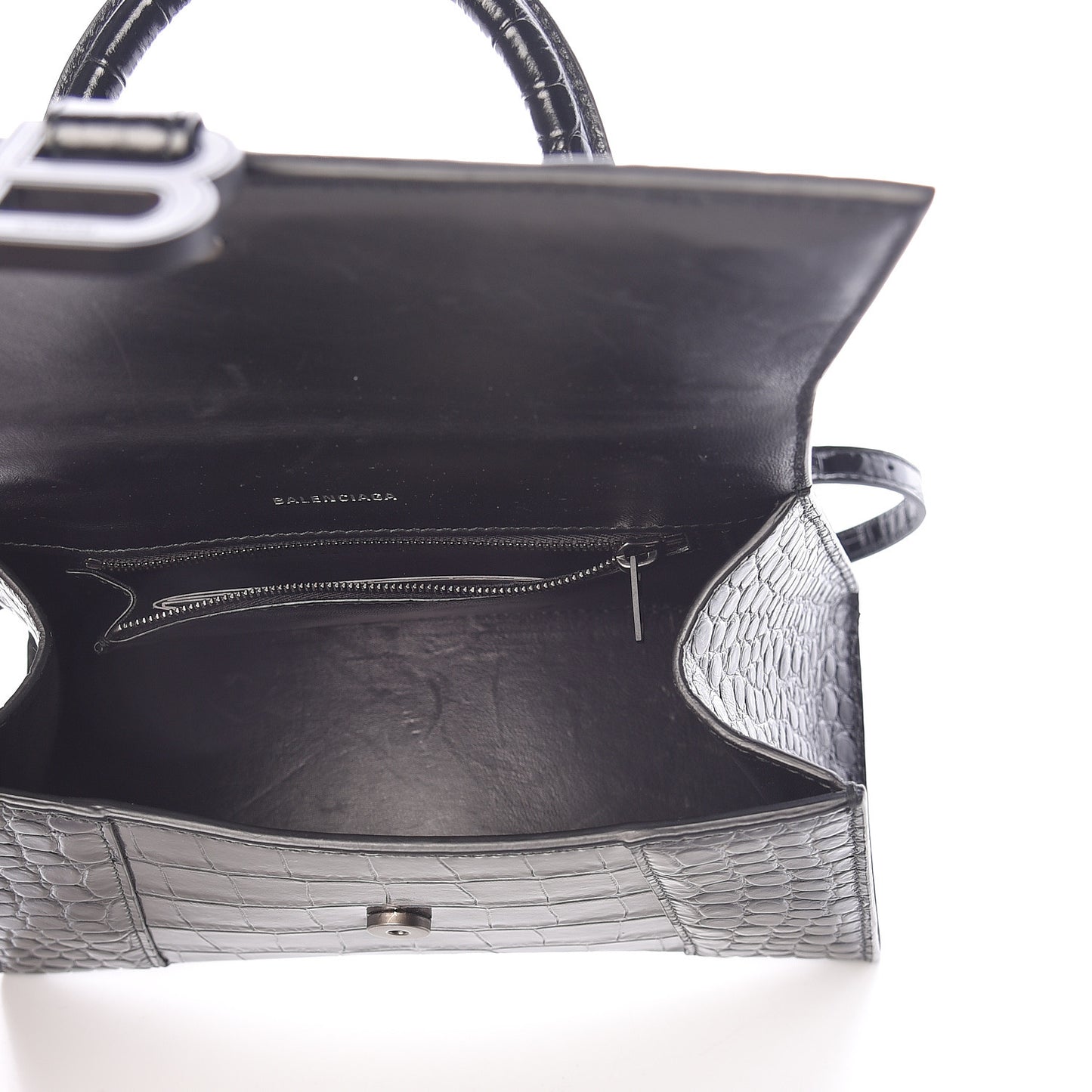 Shiny Calfskin Monochrome Crocodile Embossed Small Hourglass Top Handle Bag Black