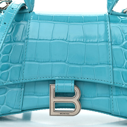 Balenciaga Shiny Calfskin Crocodile Embossed Hourglass Top Handle Bag XS Turquoise 8 of 10