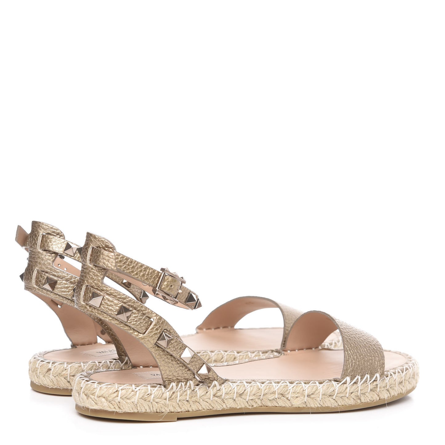 Metallic Calfskin Rockstud Ankle Strap Espadrille Flat Sandals 39 Skin