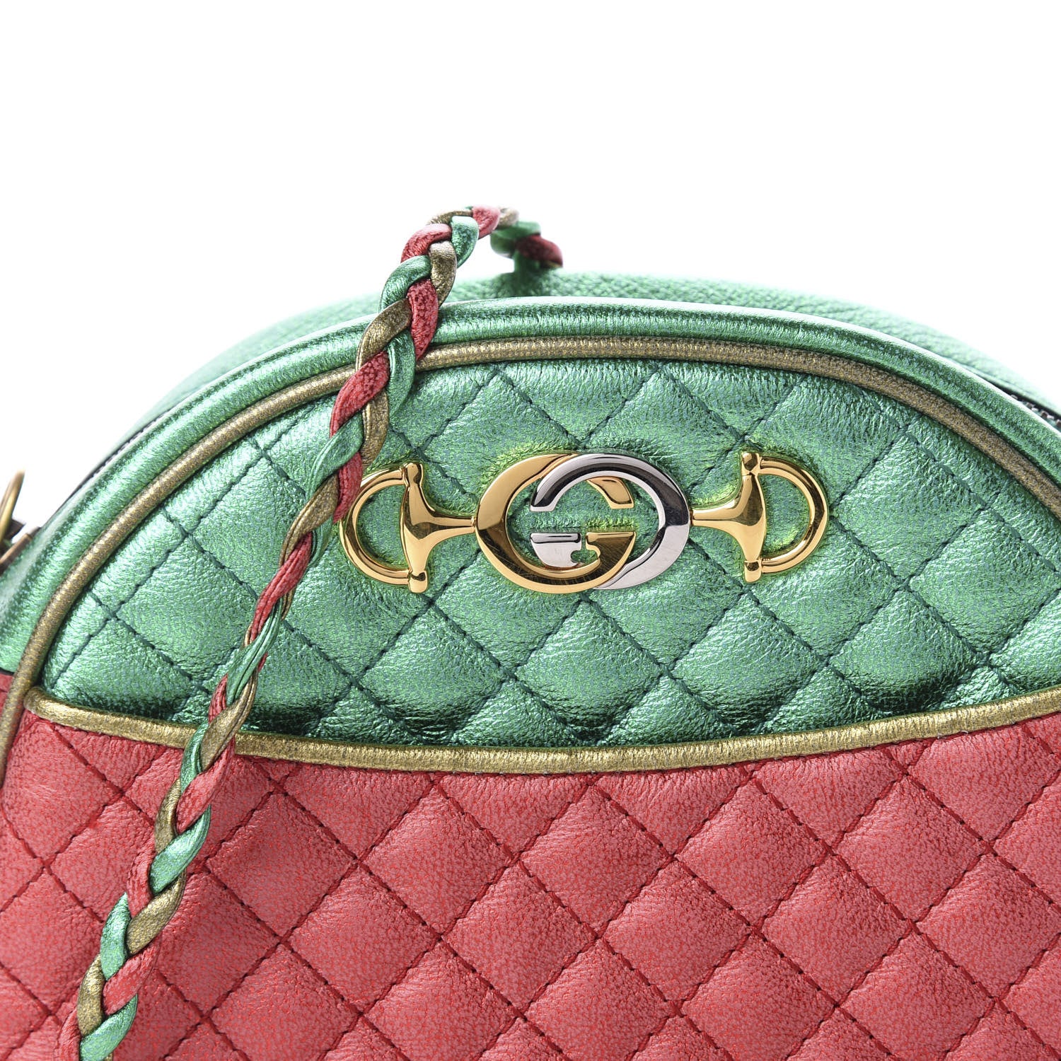 Gucci Laminated Nappa Trapuntata Mini Zumi Dome Shoulder Bag Rosso Jasmine Green Rame 10 of 10