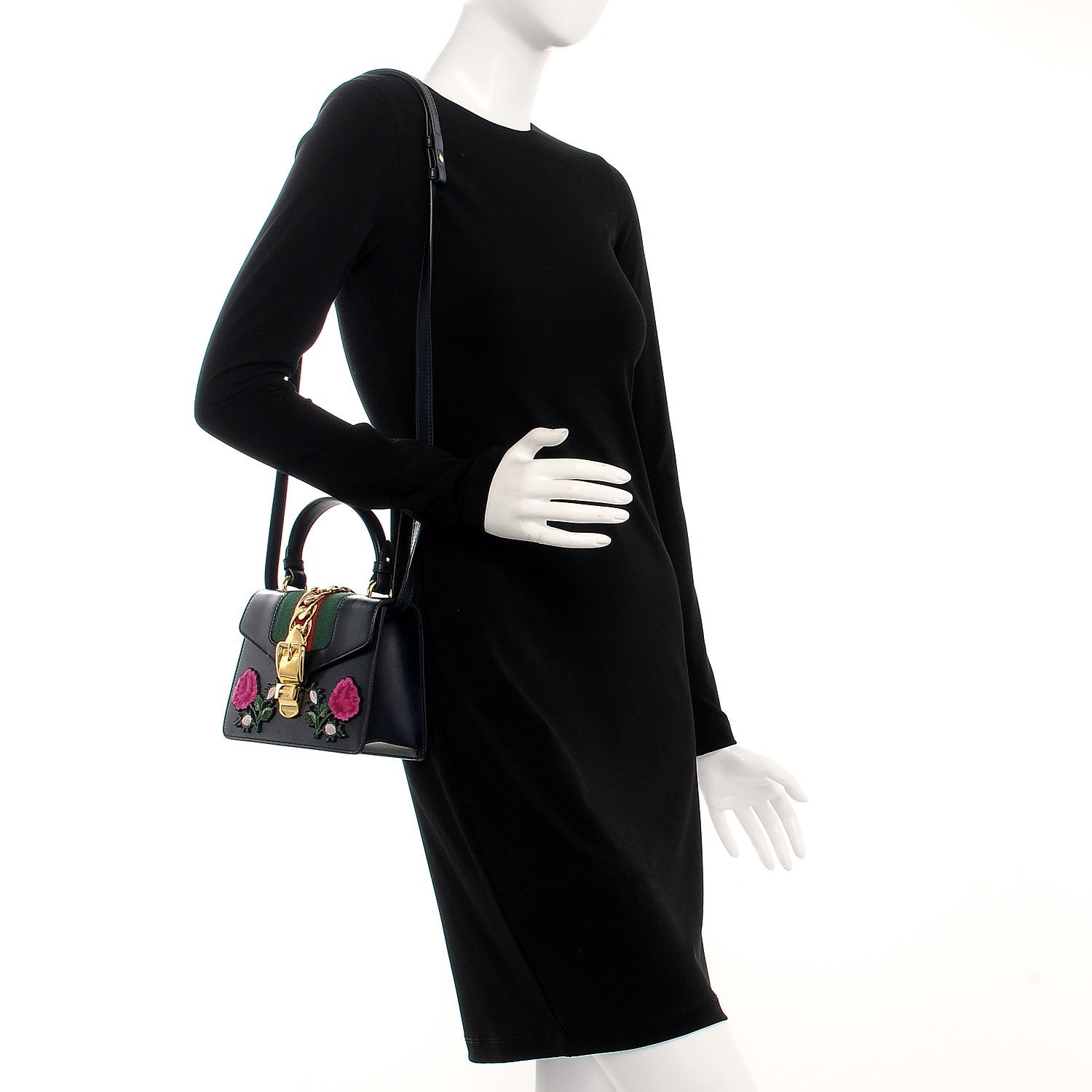 Gucci Calfskin Embroidered Mini Sylvie Top Handle Bag Blue 2 of 10