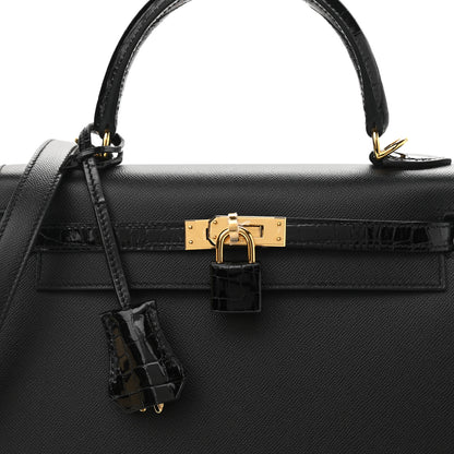 Hermes Madame Calfskin Shiny Niloticus Crocodile Kelly Sellier Touch 25 Black 8 of 10