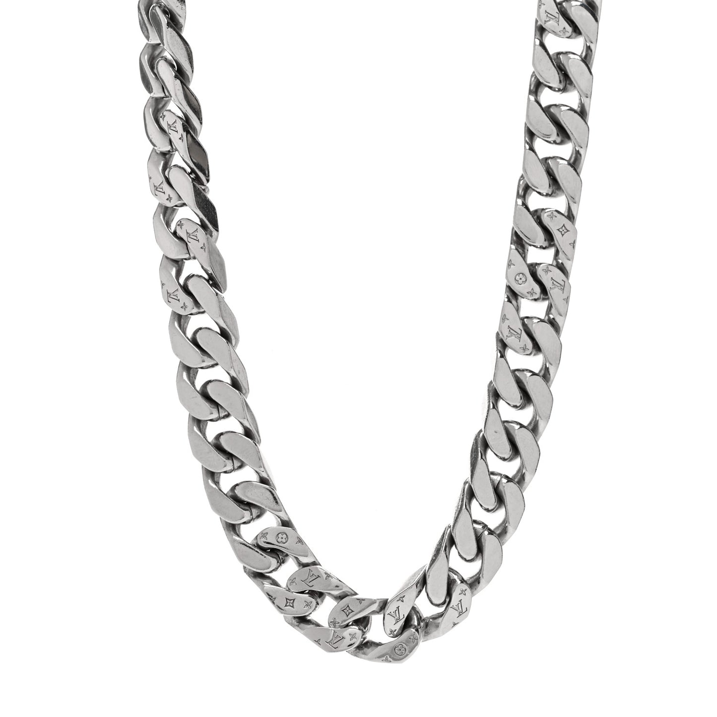 Metal Monogram Etched LV Chain Links Necklace Silver
