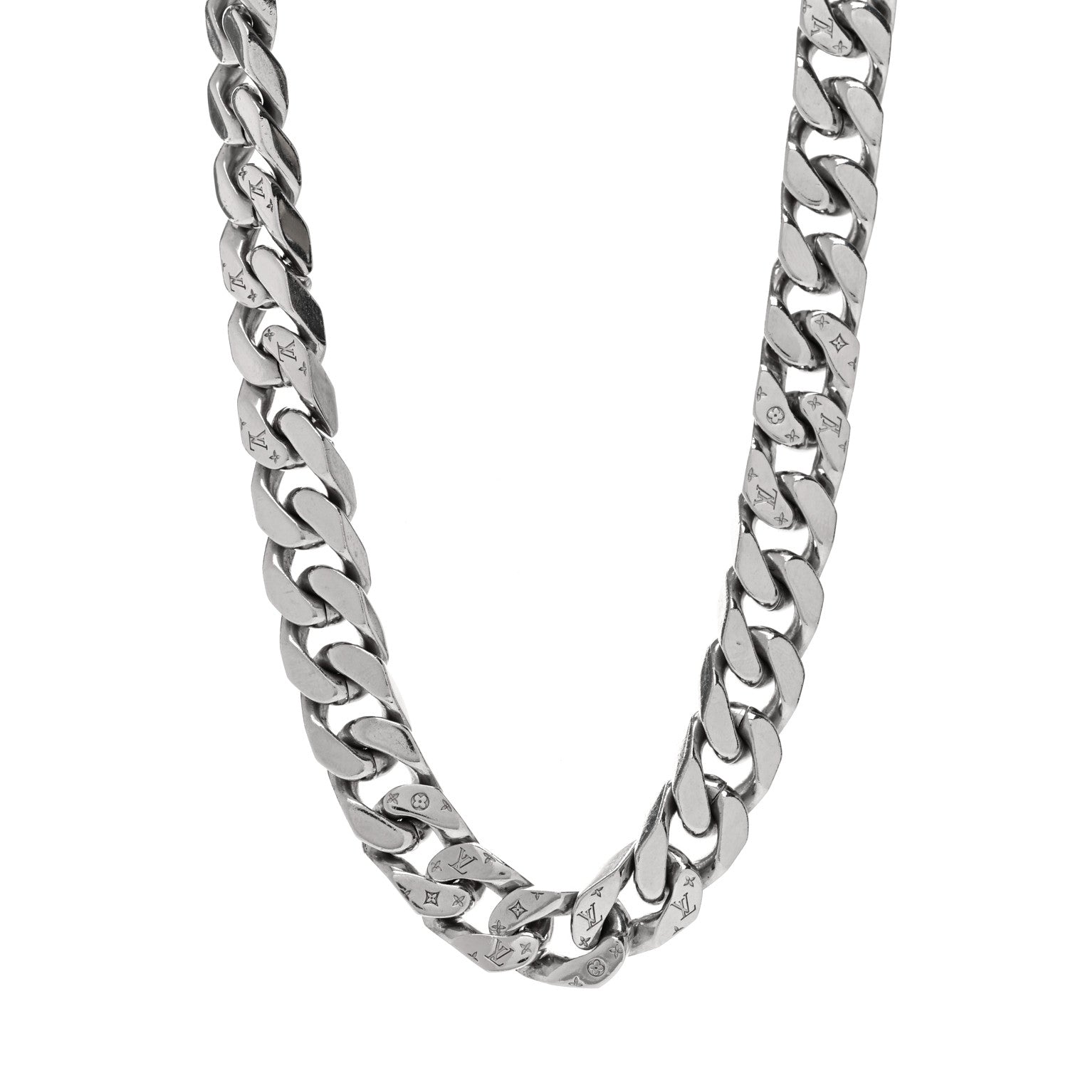 Louis Vuitton Metal Monogram Etched LV Chain Links Necklace Silver 1 of 5