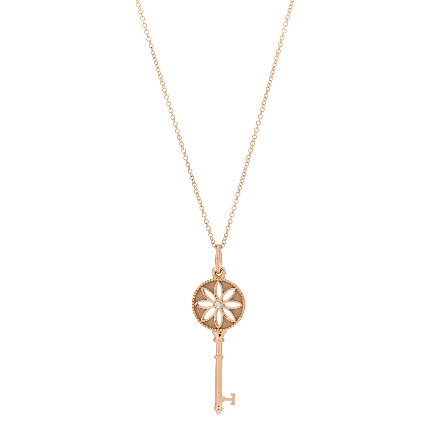 Tiffany 18K Rose Gold Diamond Small Daisy Key Pendant Necklace 1 of 5